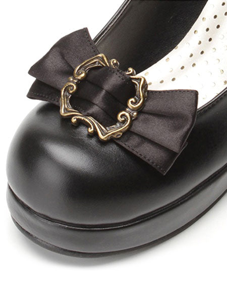 Classical Lolita Shoes Ribbon Bow Lolita Chunky Square Heels Shoes With Ankle Strap