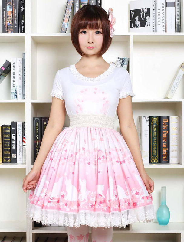 Cute Lolita Dress Pink Sakura Kitty Printed Lolita Skirt With White Lace Trim Shirring