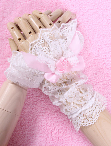 White Bows Flowers Lace Synthetic Lolita Gloves