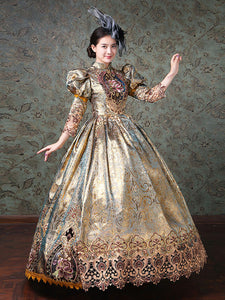 Rococo Victorian Dress Chinese Style Floral Print Lace 3/4-Length Sleeve Champagne Classical Lolita Dress