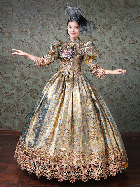 Rococo Victorian Dress Chinese Style Floral Print Lace 3/4-Length Sleeve Champagne Classical Lolita Dress