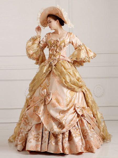 Rococo Victorian Dress Floral Print Lace 3/4-Length Sleeve Deep Apricot Classical Lolita Dress