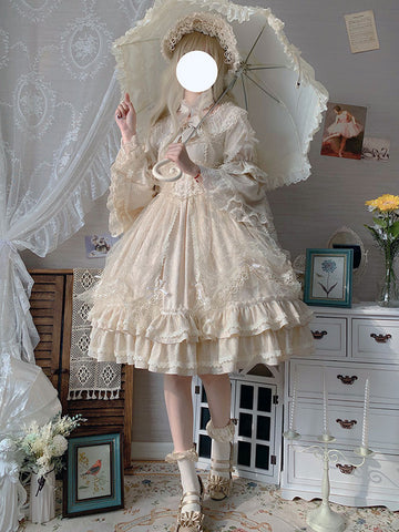 Classic Lolita OP Dress Light Apricot 3/4-Length Sleeve Pleated Lace Ruffles Tea Party Lolita One Piece Dress