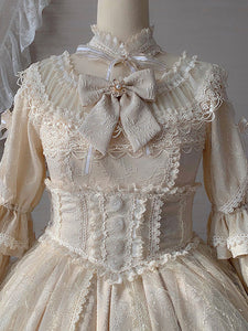 Classic Lolita OP Dress Light Apricot 3/4-Length Sleeve Pleated Lace Ruffles Tea Party Lolita One Piece Dress