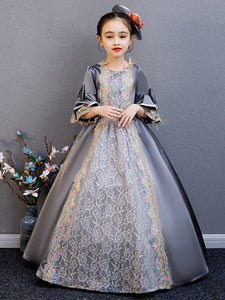 Polyester Fiber Tea Party Draped 3/4 Length Sleeves Polyester Summer Dress Floral Print Grey Kids' Lolita Dresses