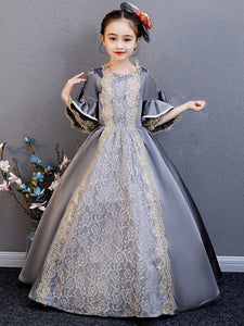 Polyester Fiber Tea Party Draped 3/4 Length Sleeves Polyester Summer Dress Floral Print Grey Kids' Lolita Dresses