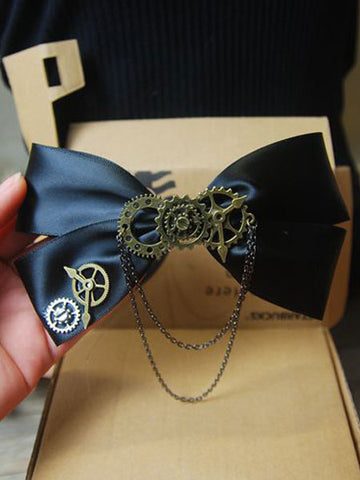 Steampunk Lolita Hair Clip Satin Bow Metallic Chain Black Lolita Hair Accessory