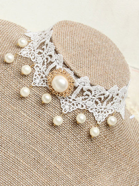 Classic Lolita Choker Pearl Bead Lace White Lolita Jewelry