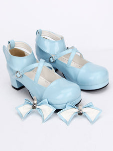 Sweet Lolita Shoes Light Blue Cross Bow Cute Lolita Shoes Ankle Strap Low Heels Lolita Pumps With Detachable Bow