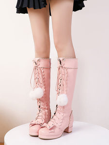 Classic Lolita Boots Knee High Chunky Heel Platform Square Toe Lace Up Pink Lolita Winter Boots