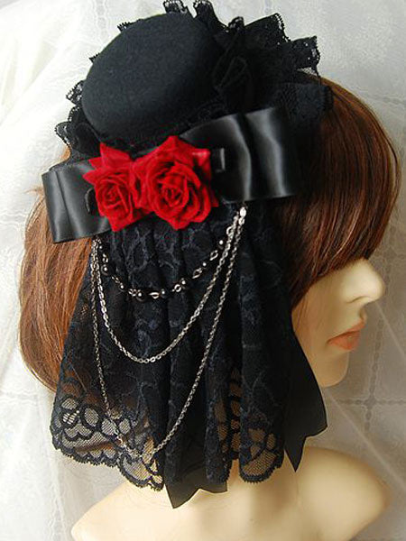 Gothic Lolita Headdress Lace Ruffle Floral Bow Metallic Chain Two Tone Lolita Hair Accessory