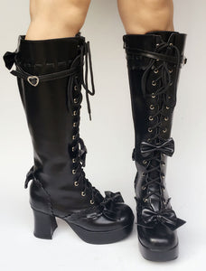 Black Lolita Boots Knee High Chunky Heel Lace Up Platform Buckle Lolita High Boots With Detachable Bow