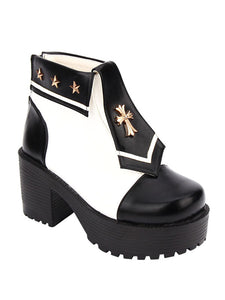 Gothic Lolita Shoes Round Toe Chunky Heel PU Two Tone Black Lolita Pumps