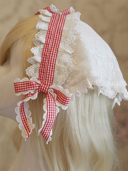 Sweet Lolita Headband Lace Bow Plaided Lolita Headpiece