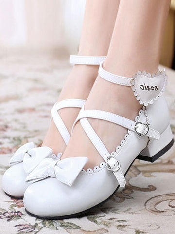 Sweet Lolita Shoes Round Toe Chunky Heel Bows Cross Cross White Lolita Shoes