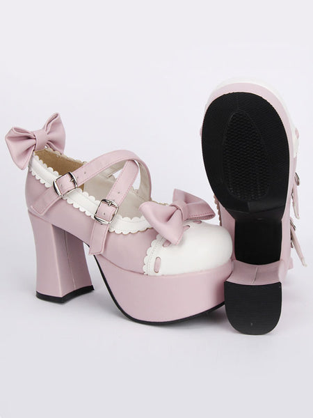 Pink Lolita Pony Heels Shoes Platform White Trim Bows Straps Buckles