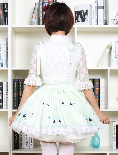 Sweet Lolita Dress In Light Green Printed Qi Lolita Suspender Skirt With White Lace Trim