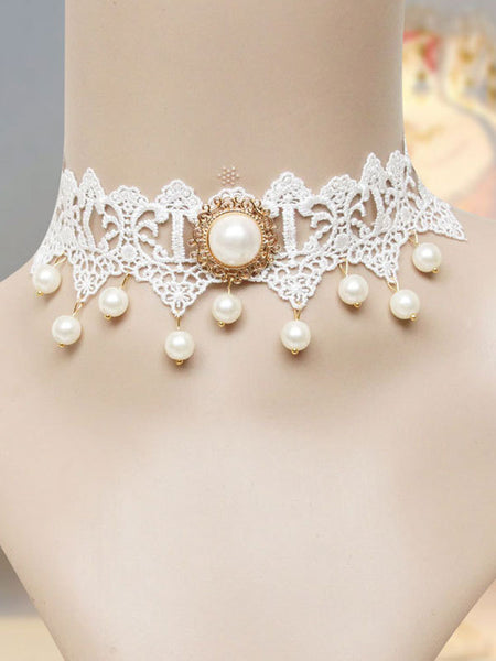 Classic Lolita Choker Pearl Bead Lace White Lolita Jewelry
