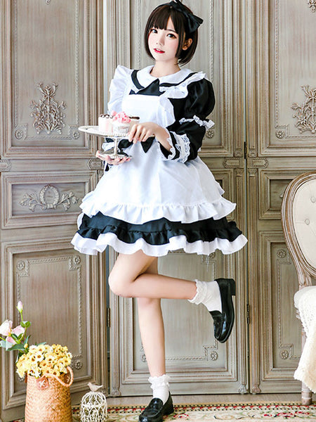 Maid Lolita Outfit Lace Ruffle Bow Lolita One Piece Dress With Apron