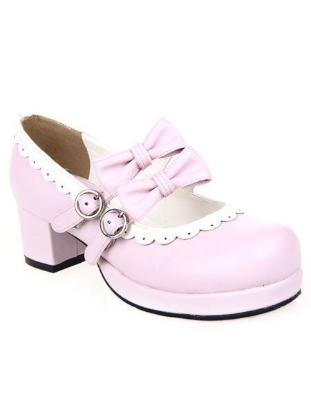 Sweet Lolita Square Heels Shoes Platform Straps Bows Buckles White Trim