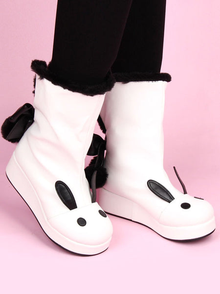 White Lolita Boots Rabbit Ear Lined Kawaii Lolita Winter Boots In Two Tone