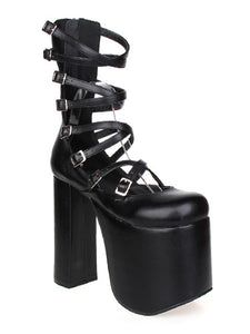 Gothic Black Lolita Sandals High Chunky Heels High Plarform Ankle Straps Buckles