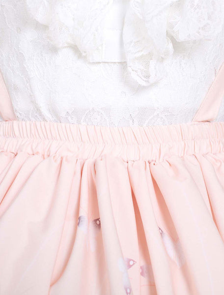 Cute Lolita Dress Sweet Pink Flower Printed  Qi Lolita Lace Trim Skirt With Suspender