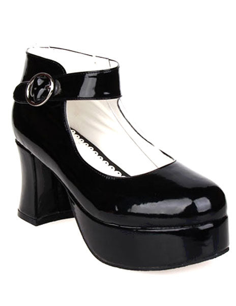 Glossy Black High Chunky Heels Lolita Shoes Platform Ankle Strap Buckle