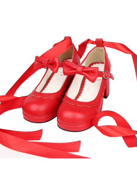 Sweet Lolita Heels Petal Bow Strappy Tie Leg Chunky Heel Red Lolita Shoes