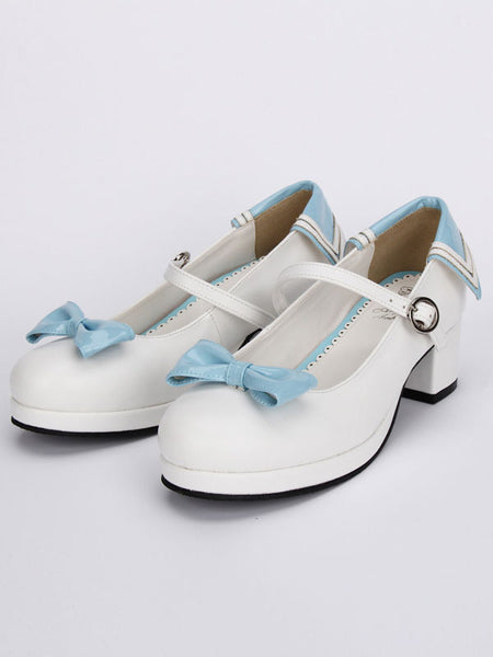 White Lolita Chunky Heels Shoes Blue Bows Round Buckle Ankle Strap