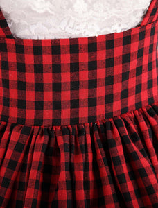 Red Black Gingham Lolita Skirt Salopette Lace Lining
