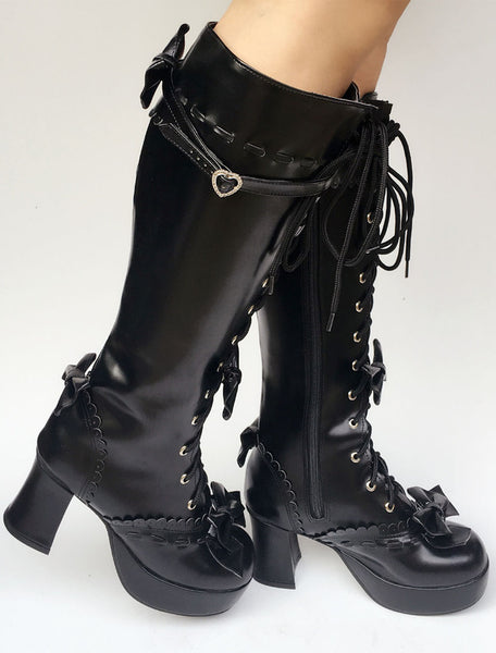 Black Lolita Boots Knee High Chunky Heel Lace Up Platform Buckle Lolita High Boots With Detachable Bow