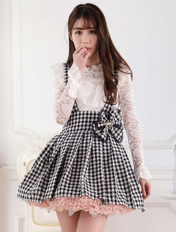 Sweet Lolita Dress SK Check Bow Lolita Suspender Skirt