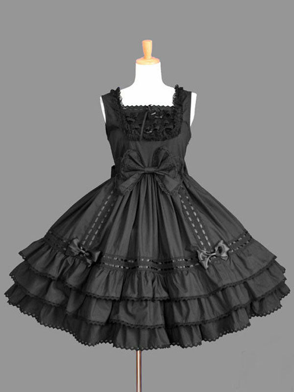 Sweet Lolita JSK Dress Lace Up Bow Ruffle Cotton Black Lolita Jumper Skirt