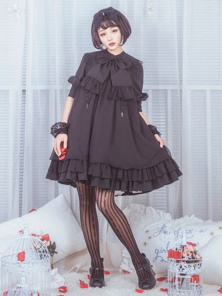 Sweet Lolita OP One Piece Dress Stand Collar Short Sleeve Chiffon Ruffles Frills White Lolita Dresses With Bows