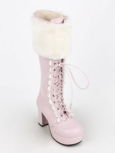 Sweet Lolita Boots Pink Faux Fur Lace Up Chunky Heel Boots