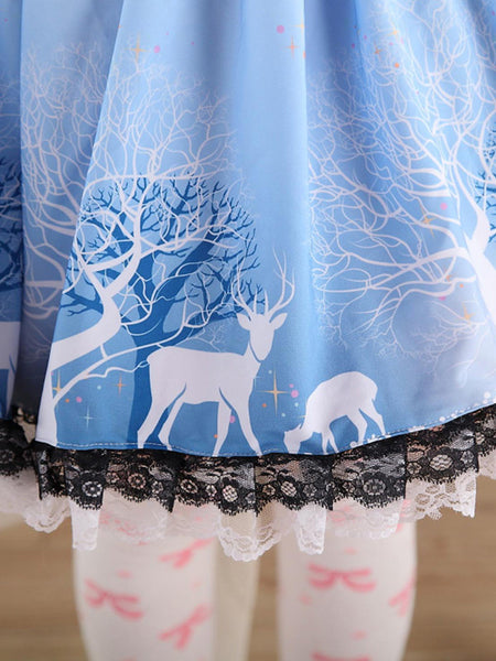 Blue Short Lolita Skirt Lace Trim Polyester Print