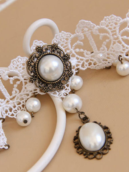 Classic Lolita Necklace Pearl Bead Lace Vintage White Lolita Choker Necklace
