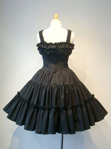Gothic Lolita JSK Dress Ruffle Pleated Lace Up Black Lolita Jumper Skirt