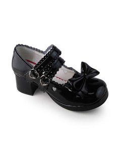 Glossy Black Lolita Shoes Square Heels with Sweet Bows