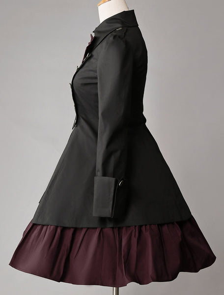 Gothic Lolita Dress OP Black Cotton Double Breasted Button Long Sleeve Bow Ruffled Lolita One Piece Dress