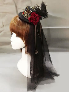 Steampunk Lolita Headdress Feather Floral Hat Metallic Pleated Tulle Black Lolita Veil