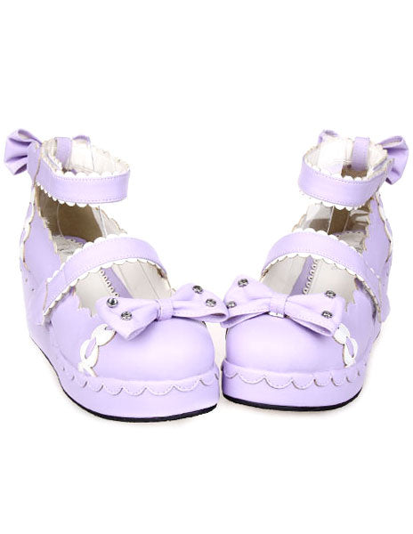 Sweet Lolita Shoes Platform Ankle Strap Bows Decor White Trim