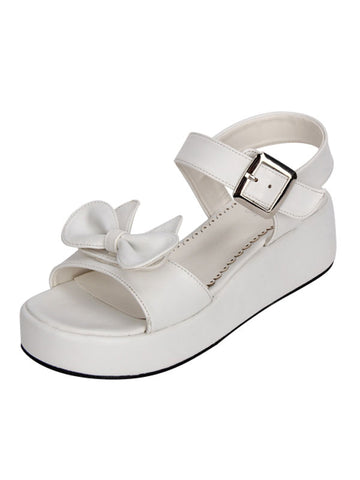 Sweet Lolita Shoes Open Toe Wedge Heel Bows PU Flat White Lolita Sandals