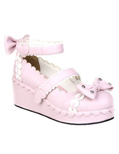 Sweet Lolita Shoes Platform Ankle Strap Bows Decor White Trim