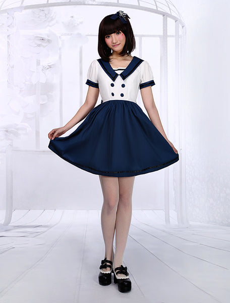 White Navy Blue Lolita One-piece Dress Sailor Style Short Sleevs