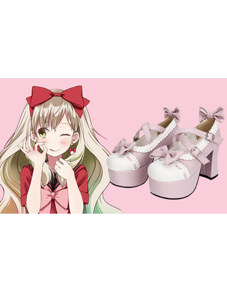 Pink Lolita Pony Heels Shoes Platform White Trim Bows Straps Buckles