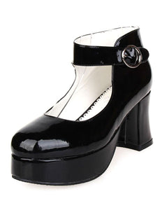 Glossy Black High Chunky Heels Lolita Shoes Platform Ankle Strap Buckle
