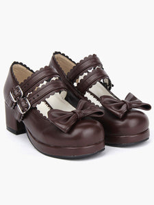Coffee Brown Lolita Chunky Heels Shoes Square Heels Ankle Straps Buckles Bow Decor