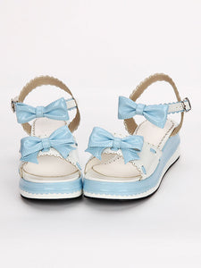 Sweet Lolita Shoes Open Toe Wedge Heel Bows PU Flat Blue Lolita Sandals